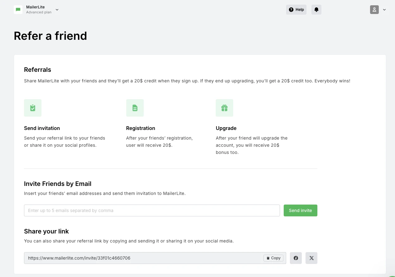 Screenshot of MailerLite's refer-a-friend dashboard
