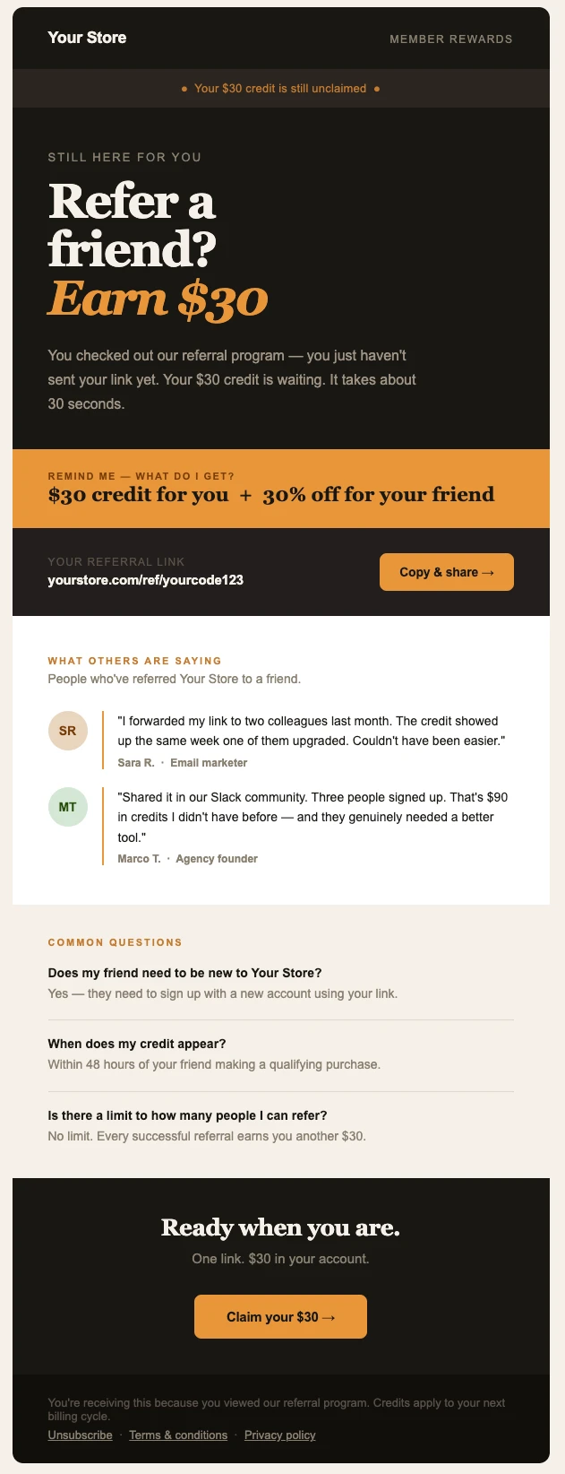 Example referral reminder email from MailerLite