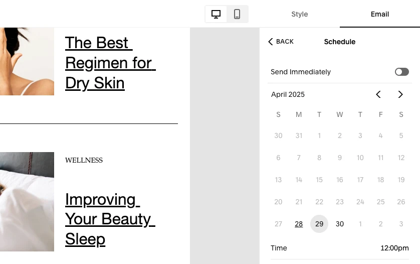 Squarespace doesn't give the option of smart sending based on things like open behavior or local time zones
