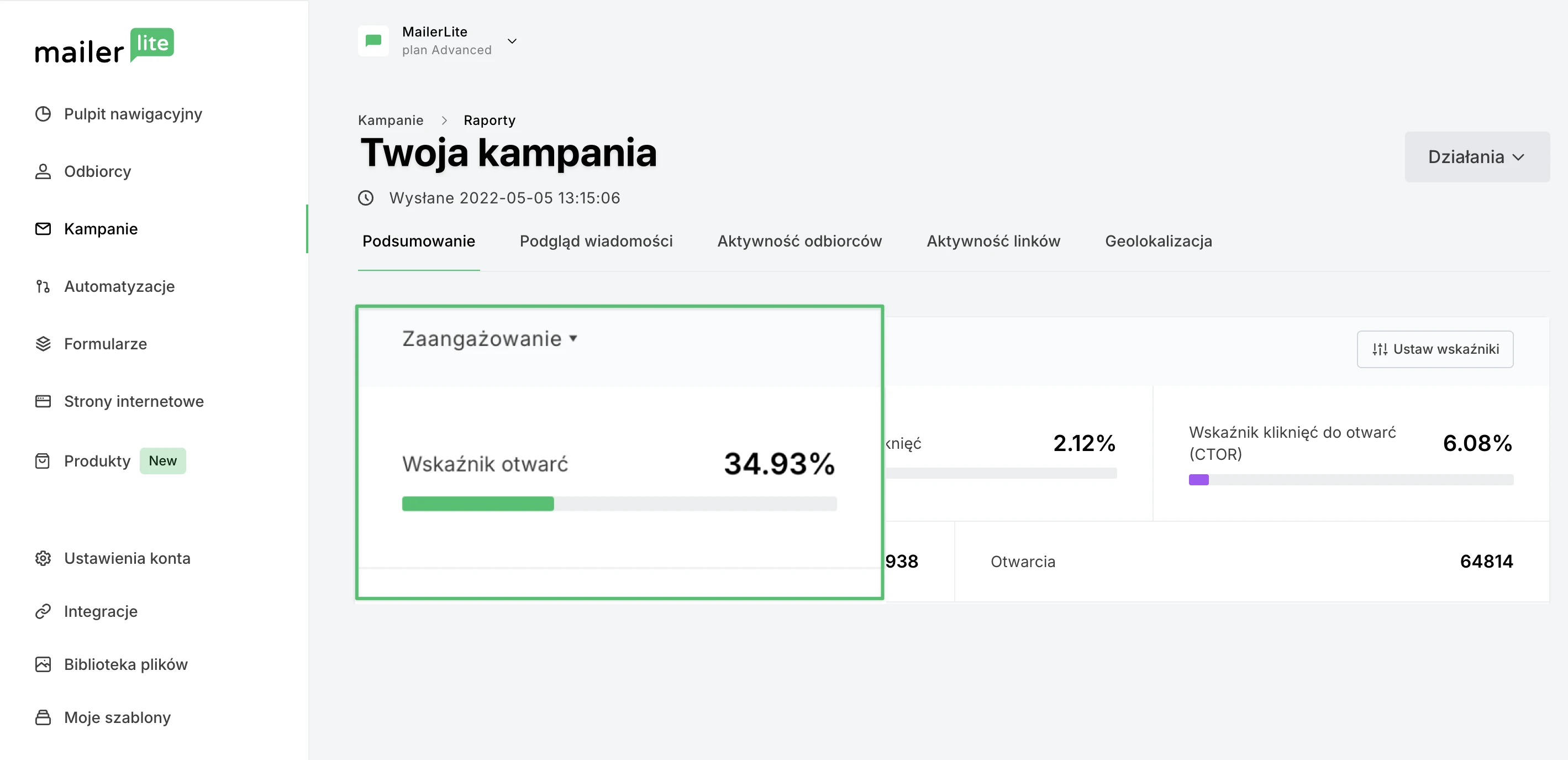 Raport kampanii w panelu MailerLite