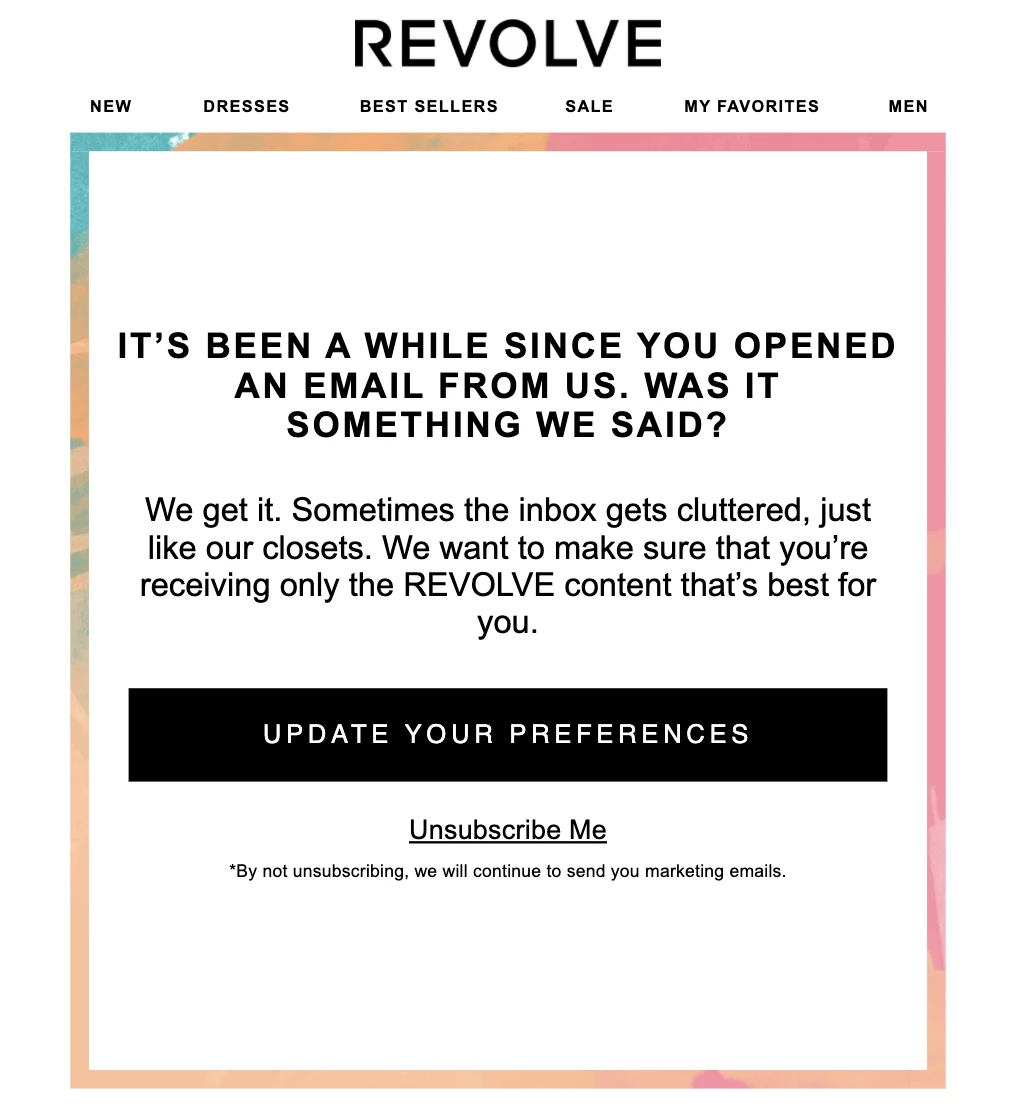 revolve re-engagement campaign email example - update email preferences