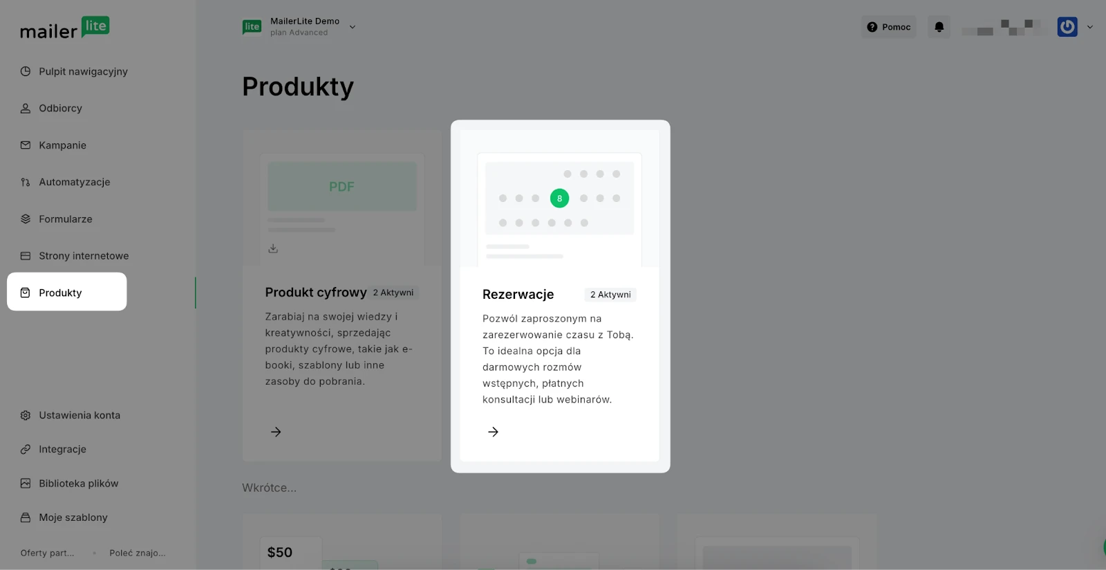 Zrzut ekranu z panelu produktu w MailerLite