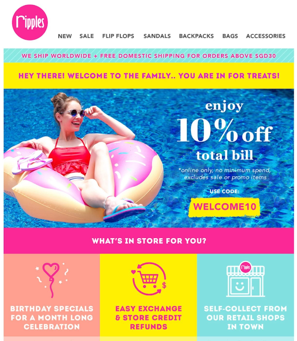 Ripples welcome email example girl floating in a pool