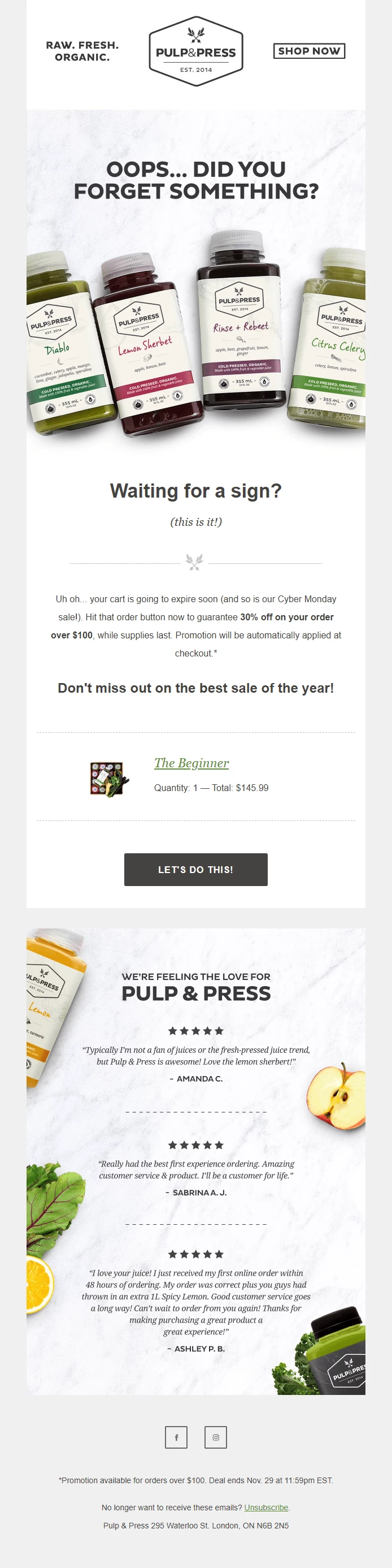 Abandoned cart email example from Pulp & Press