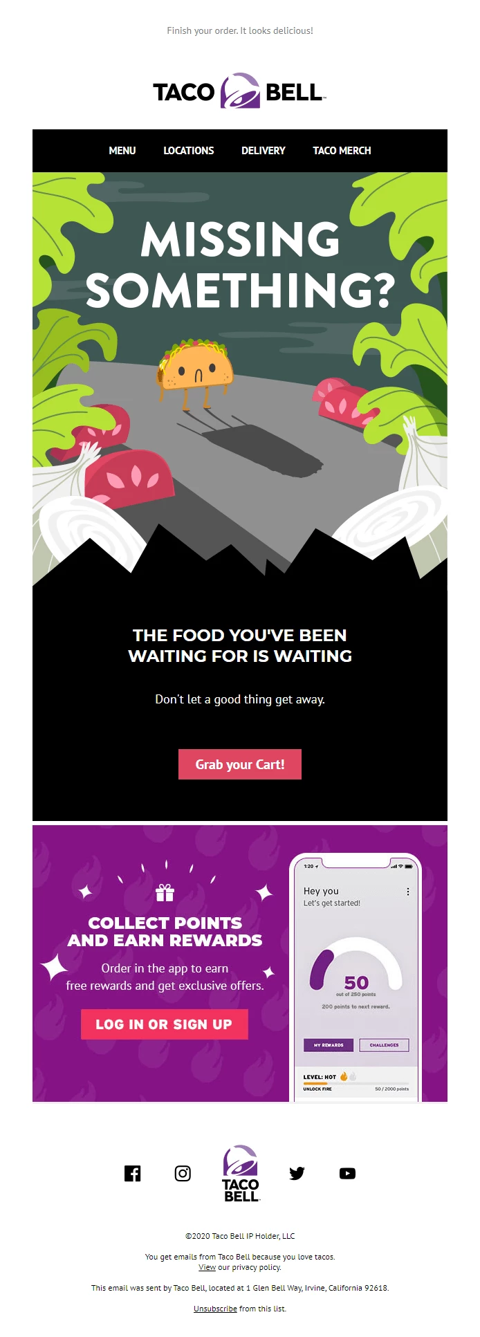 Abandoned cart email example from Taco Bell