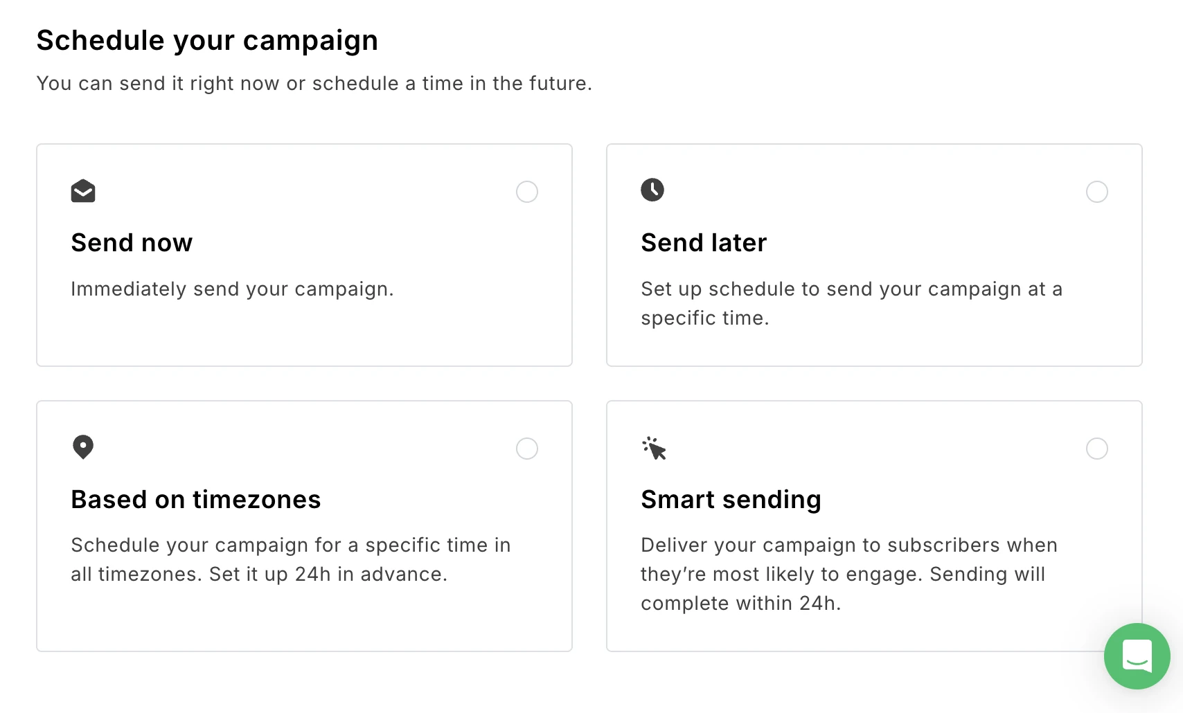 MailerLite' scheduling options showing send now, send later, based on timeones and smart sending