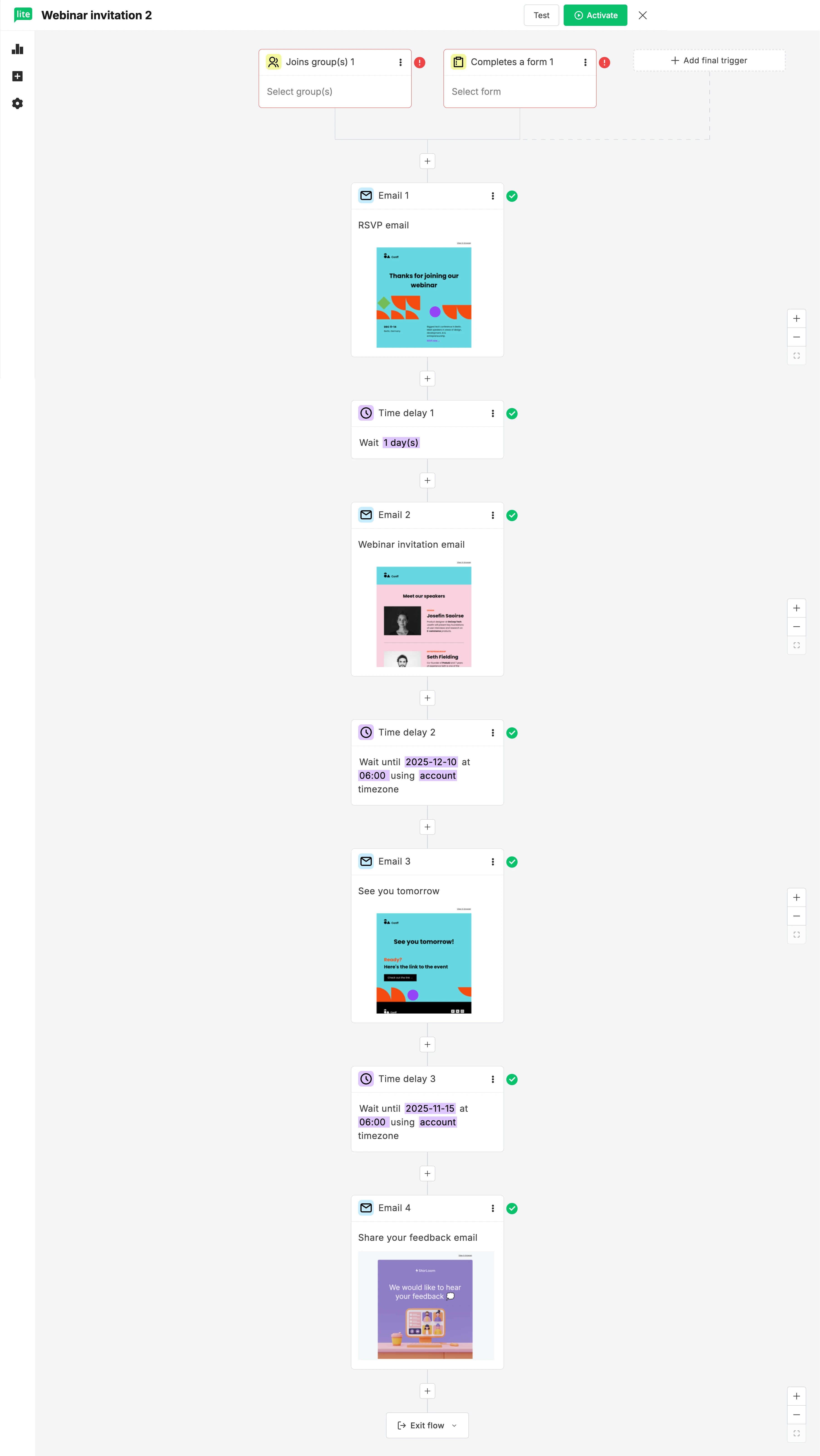 Webinar automation workflow created in MailerLite