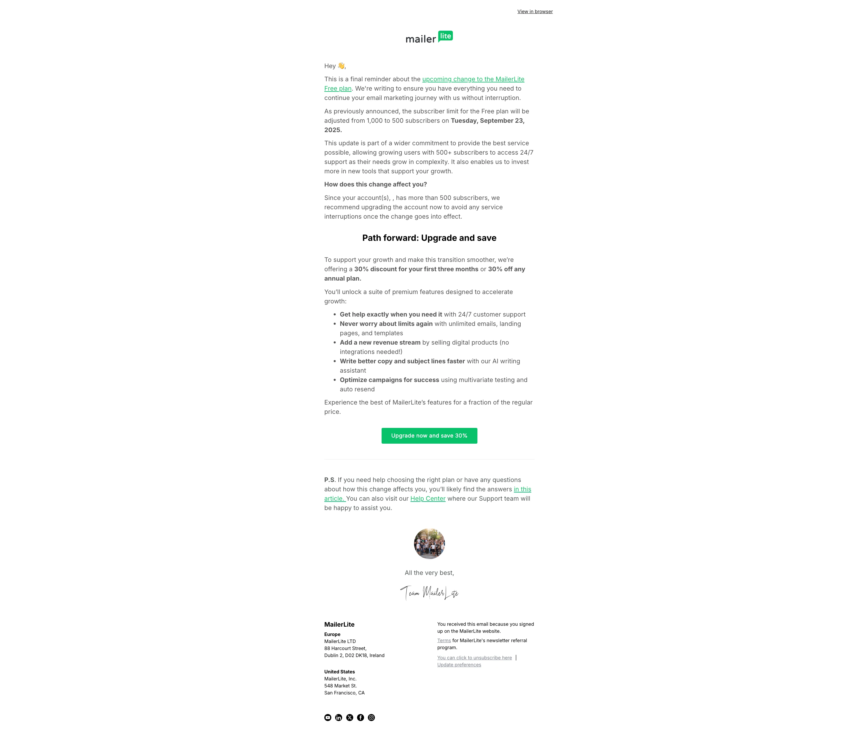 A newsletter with a P.S. section from MailerLite