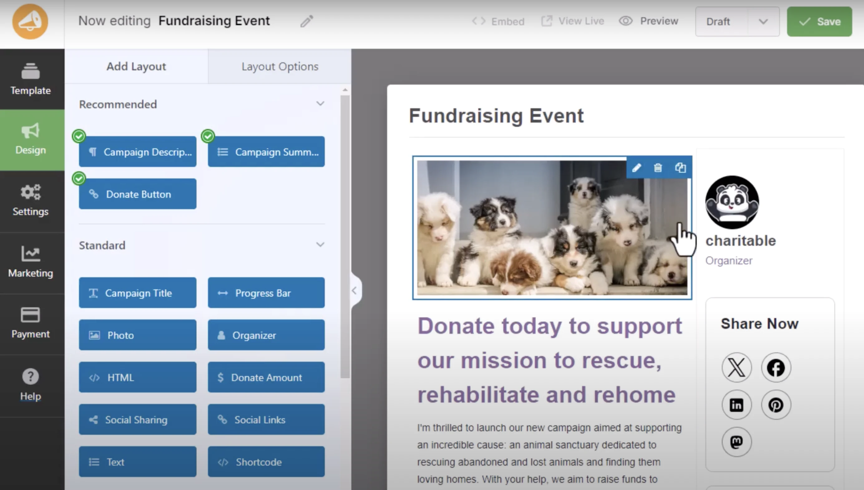 Charitable dashboard where a fundraising event is being created