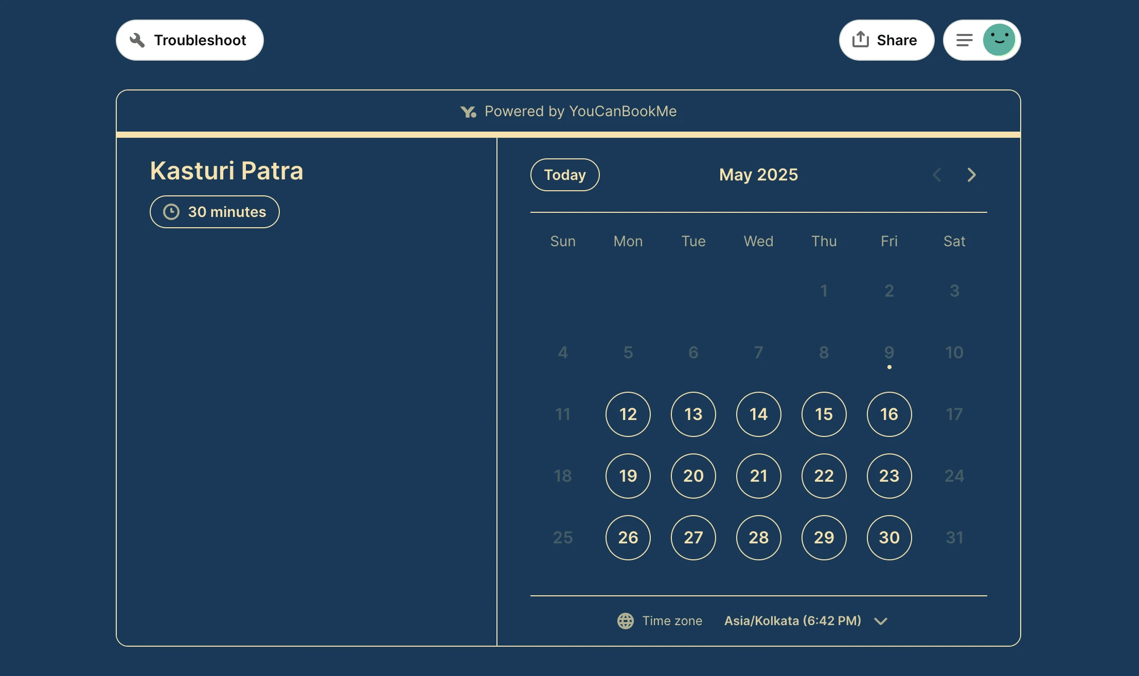The YCBM booking page I created
