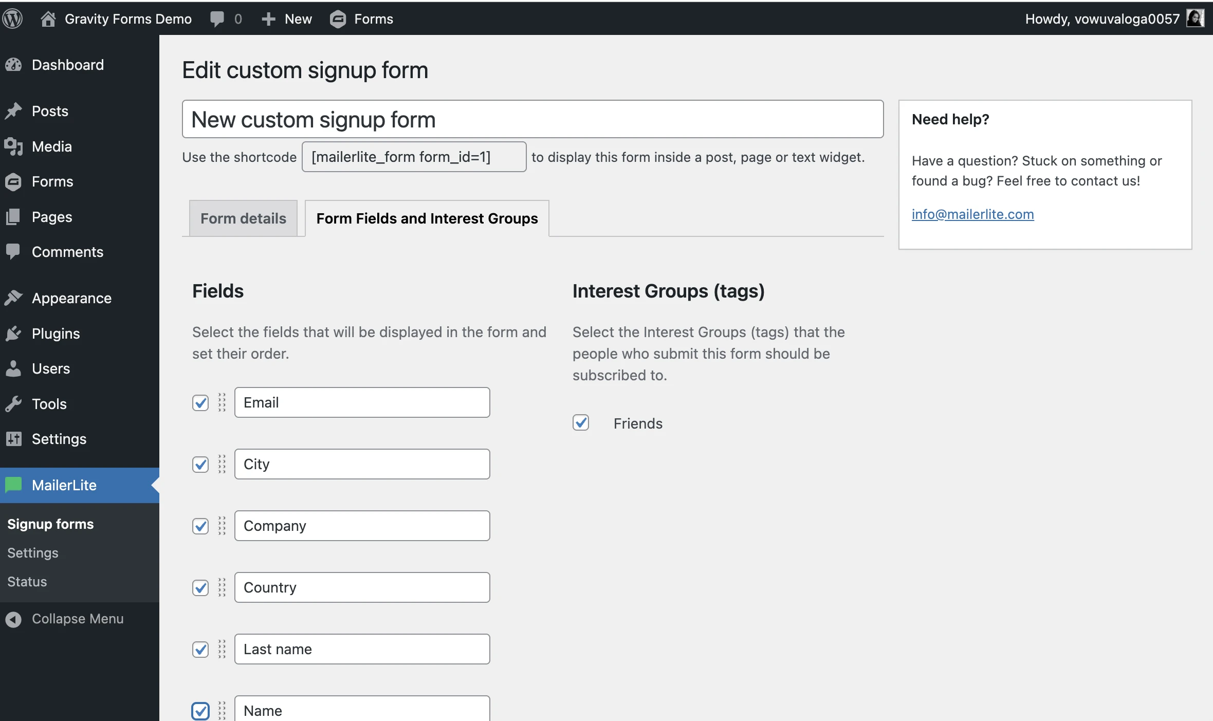 Setting up a form via Gravity Forms on WP to sync directly to MailerLite