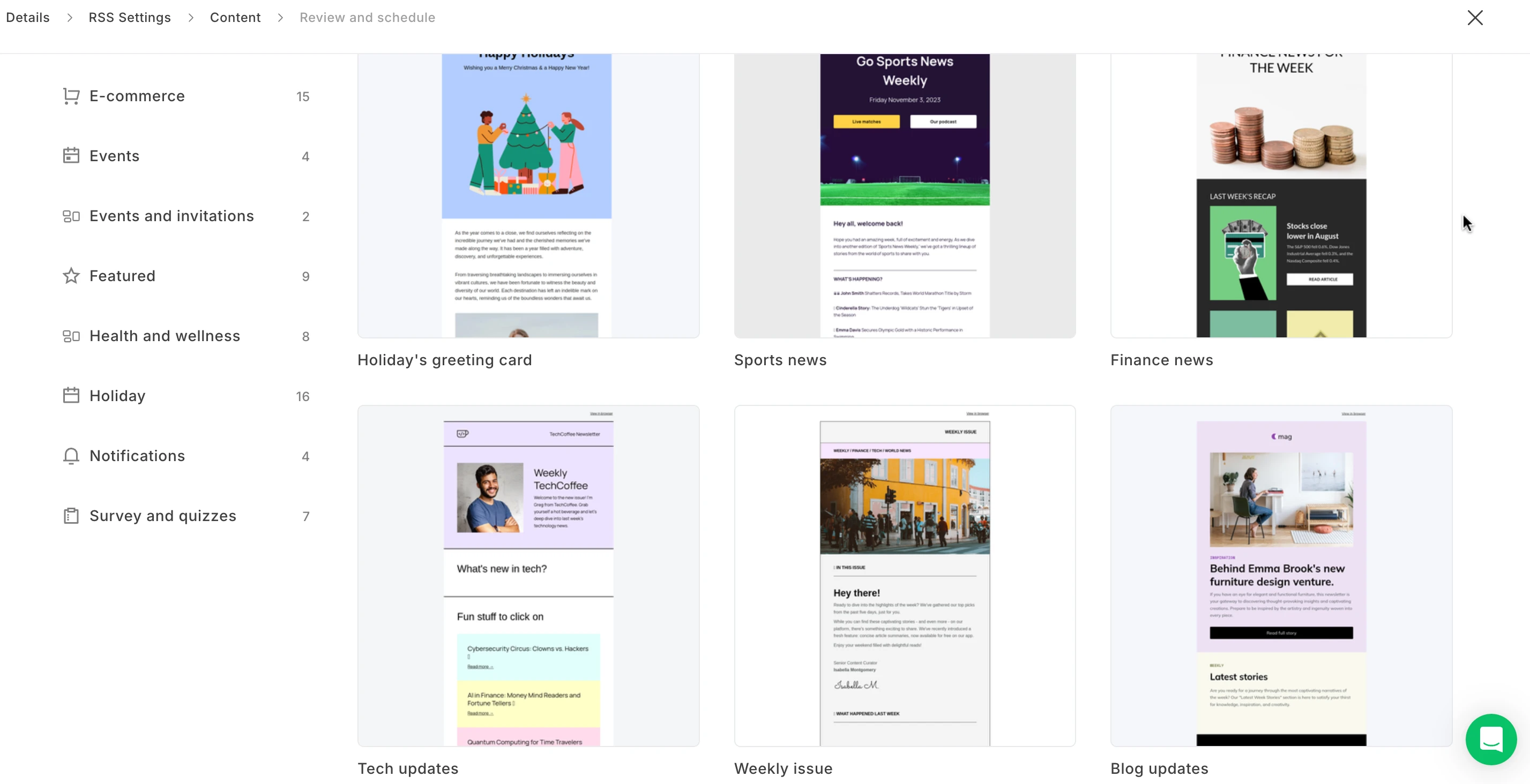 Some of MailerLite’s RSS email templates
