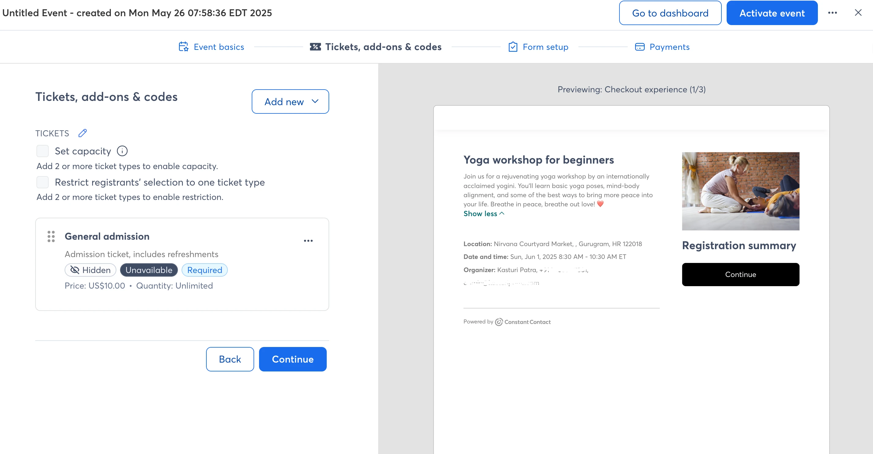 Constant Contact's event creation platform