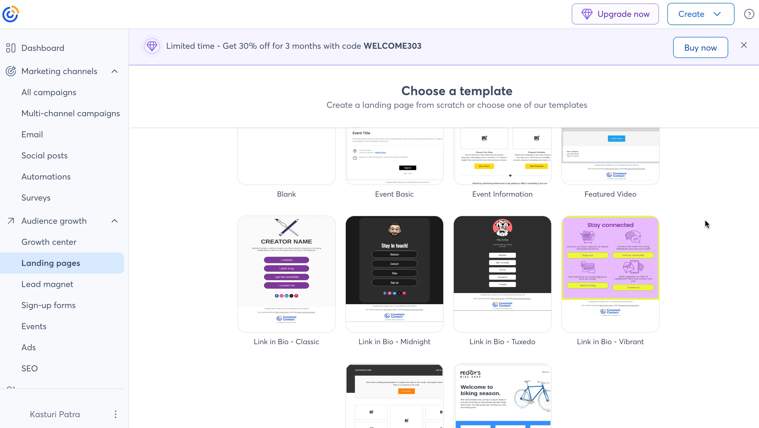 Constant Contact's landing page templates