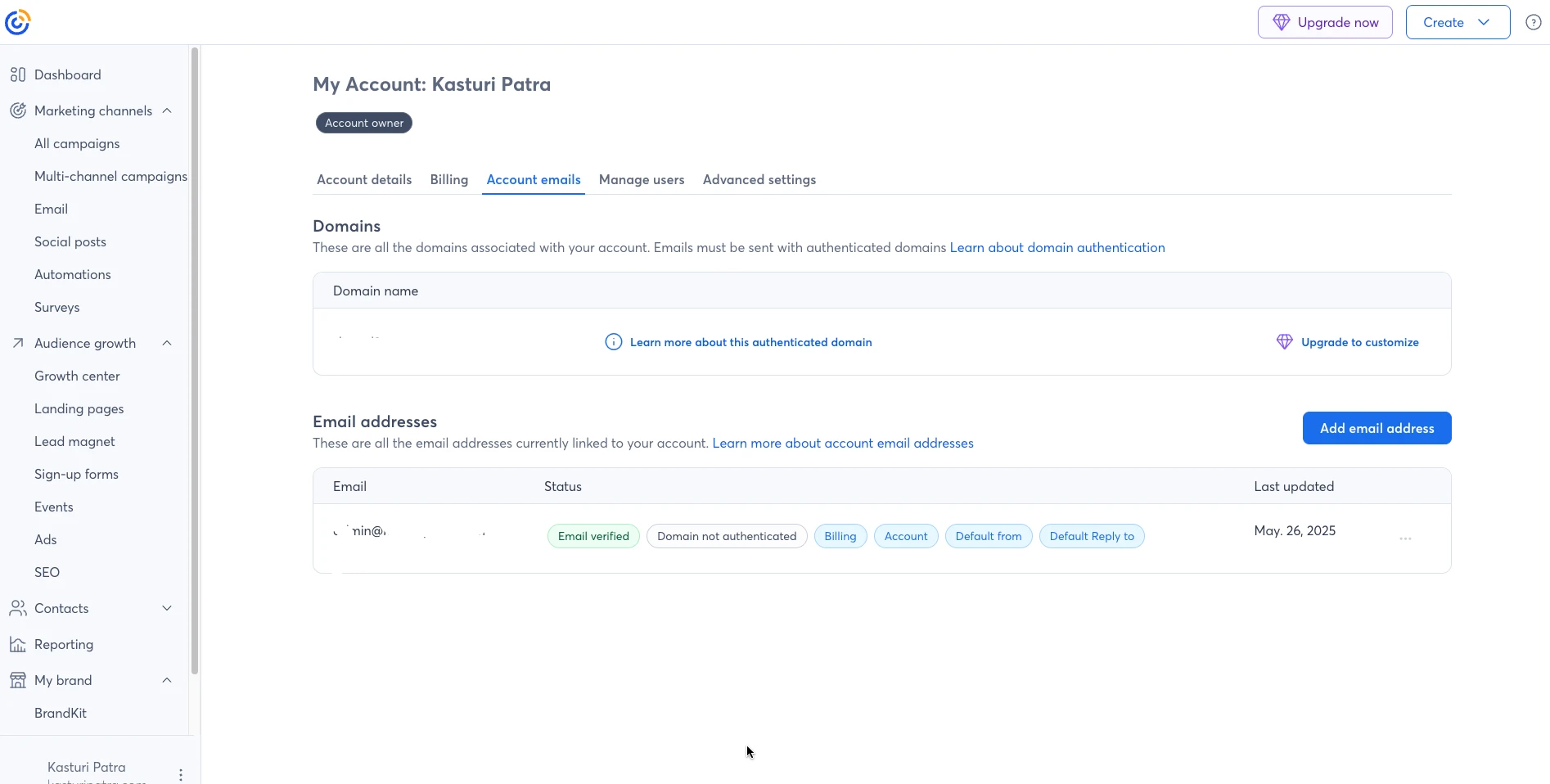 Domain authentication is needed to send emails on Constant Contact