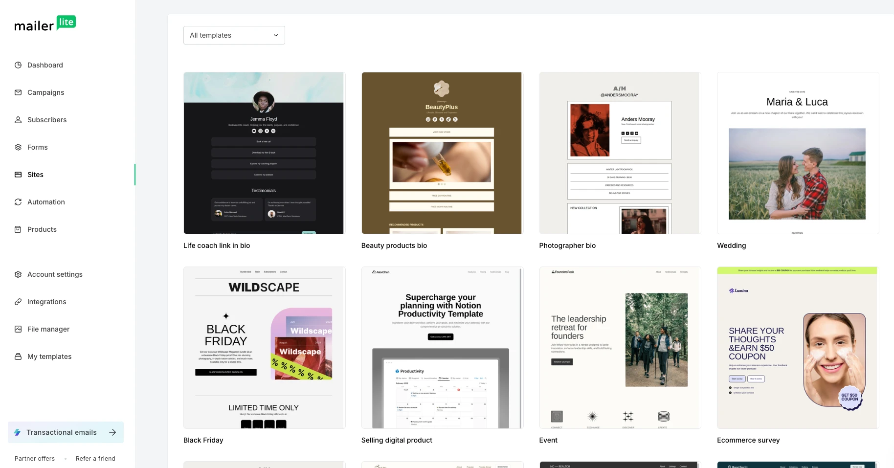 MailerLite's landing page templates