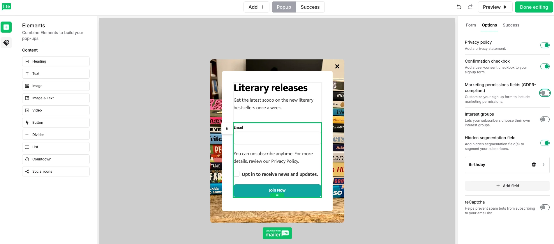 A MailerLite pop-up
