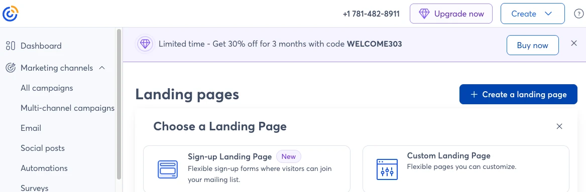 Constant Contact landing page creation options
