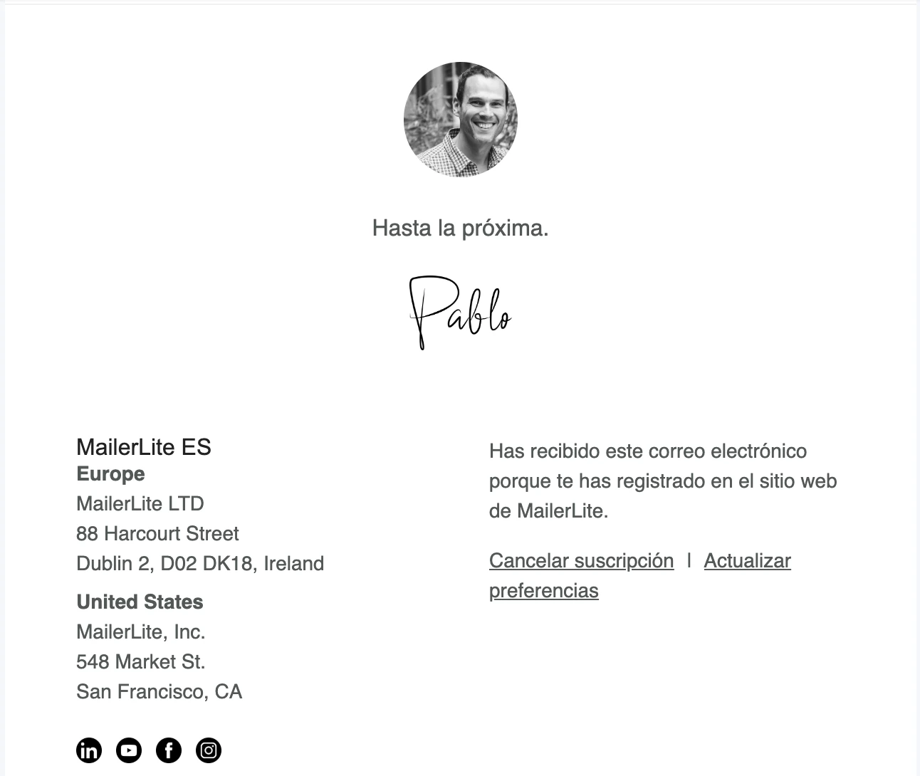 Bloque de despedida en un newsletter de MailerLite