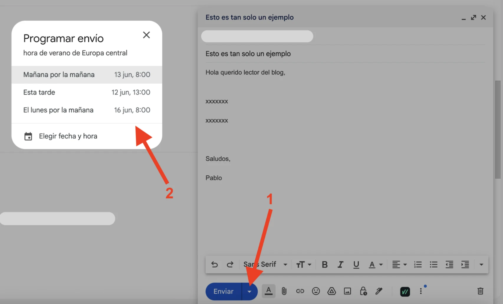 Ejemplo gráfico de cómo programar un correo en Gmail en 2 clics