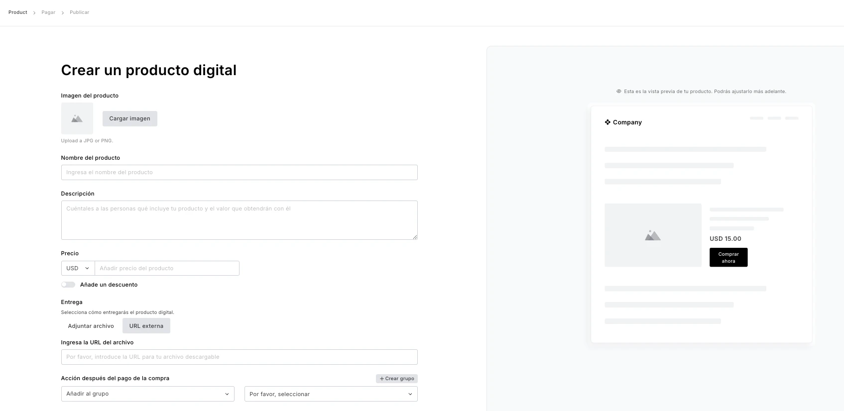 Nuevo creador de producto de MailerLite