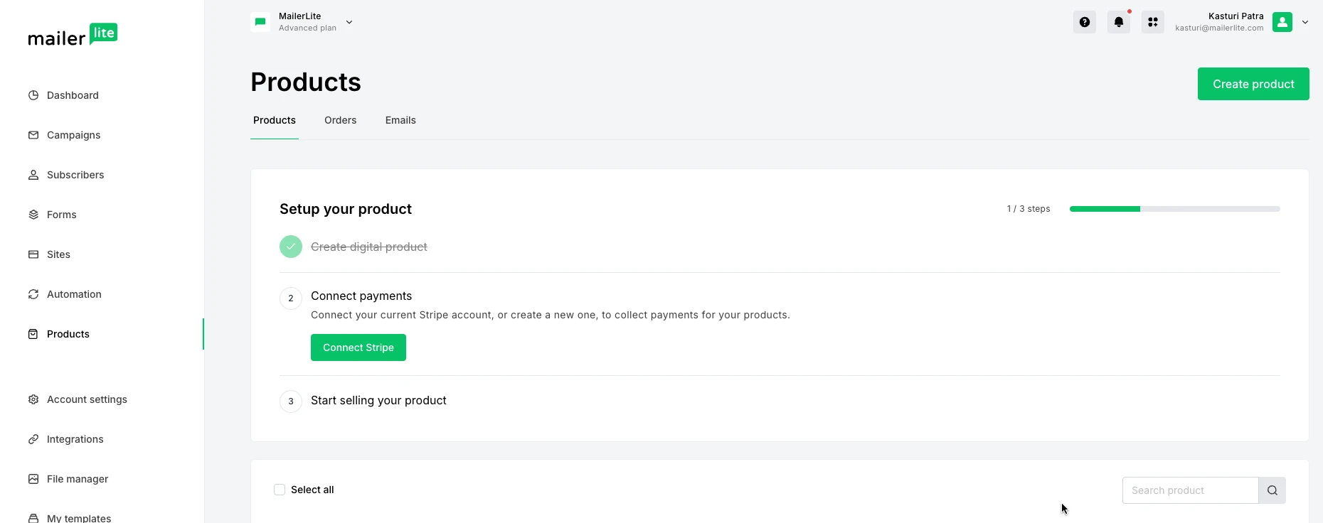 Option to sell digital products on the MailerLite platform