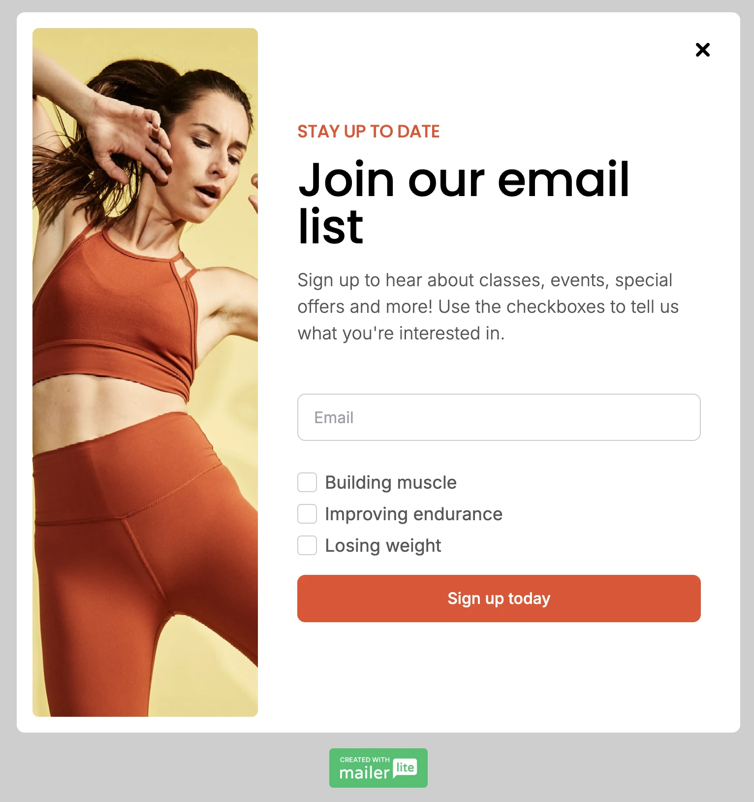 Email signup form screenshot that uses interest groups