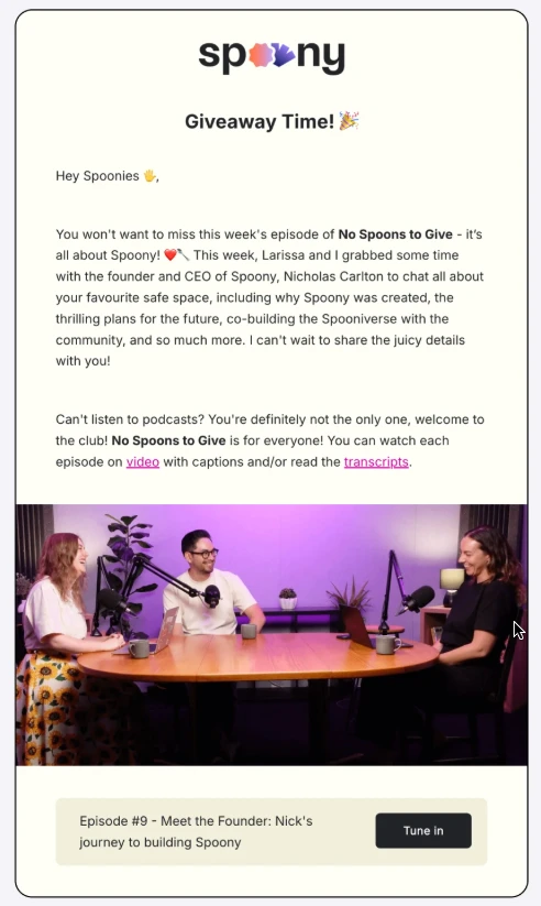 Conversational email copywriting example from Spoony