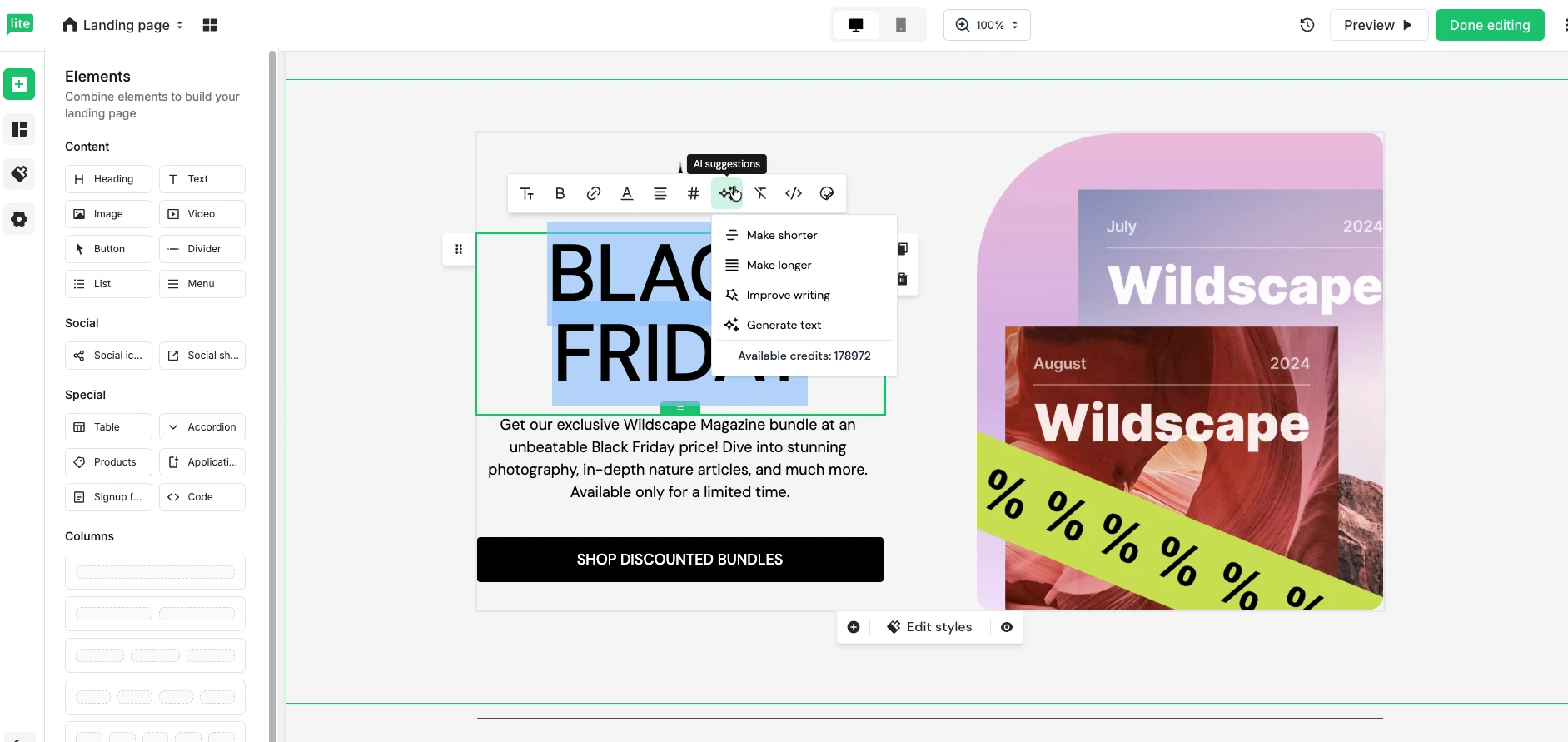 Get AI suggestions with MailerLite landing page builder