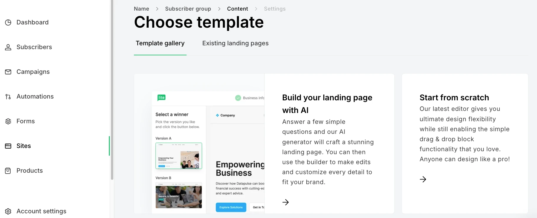 MailerLite AI landing page builder