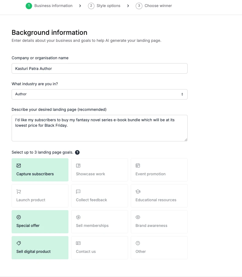 Screenshot of the AI landing page builder where one puts background information