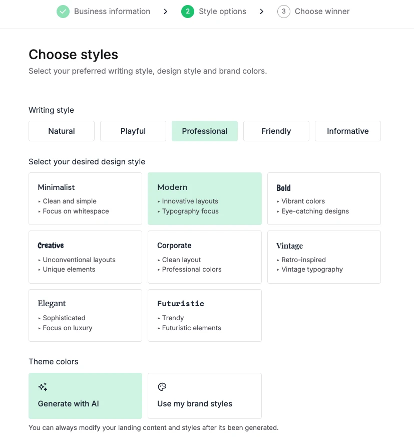 Screenshot of the AI landing page builder to choose the style and theme colors 