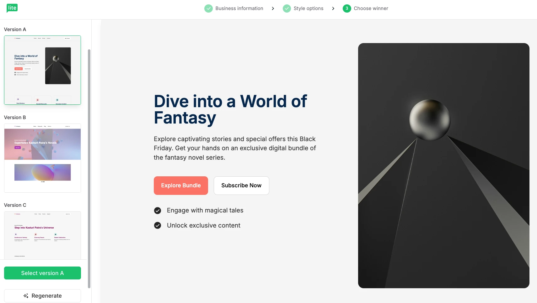 Screenshot of the three landing page options to choose from