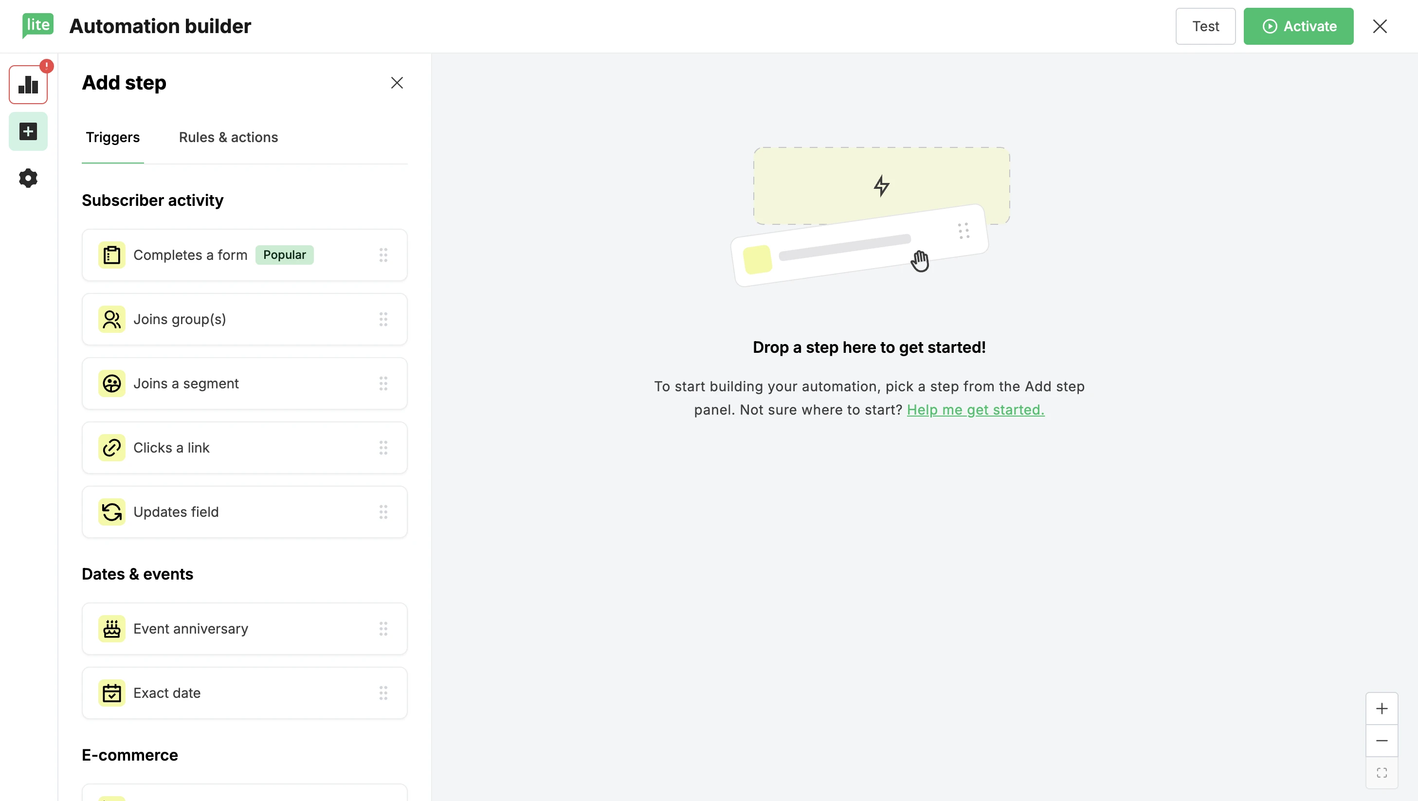 Screenshot of MailerLite's new drag and drop builder.