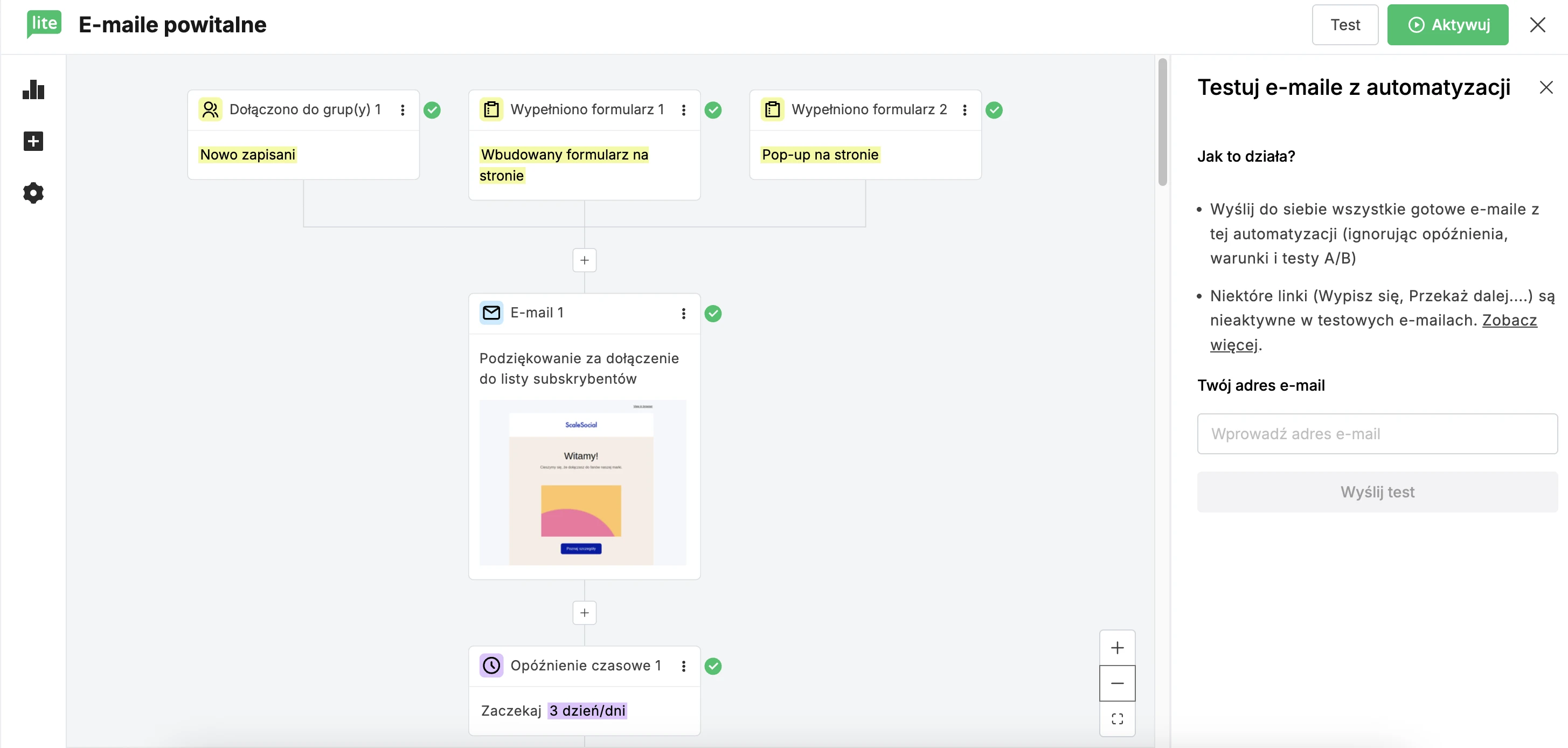Screenshot pokazujący opcję podglądu wszystkich e-maili w MailerLite