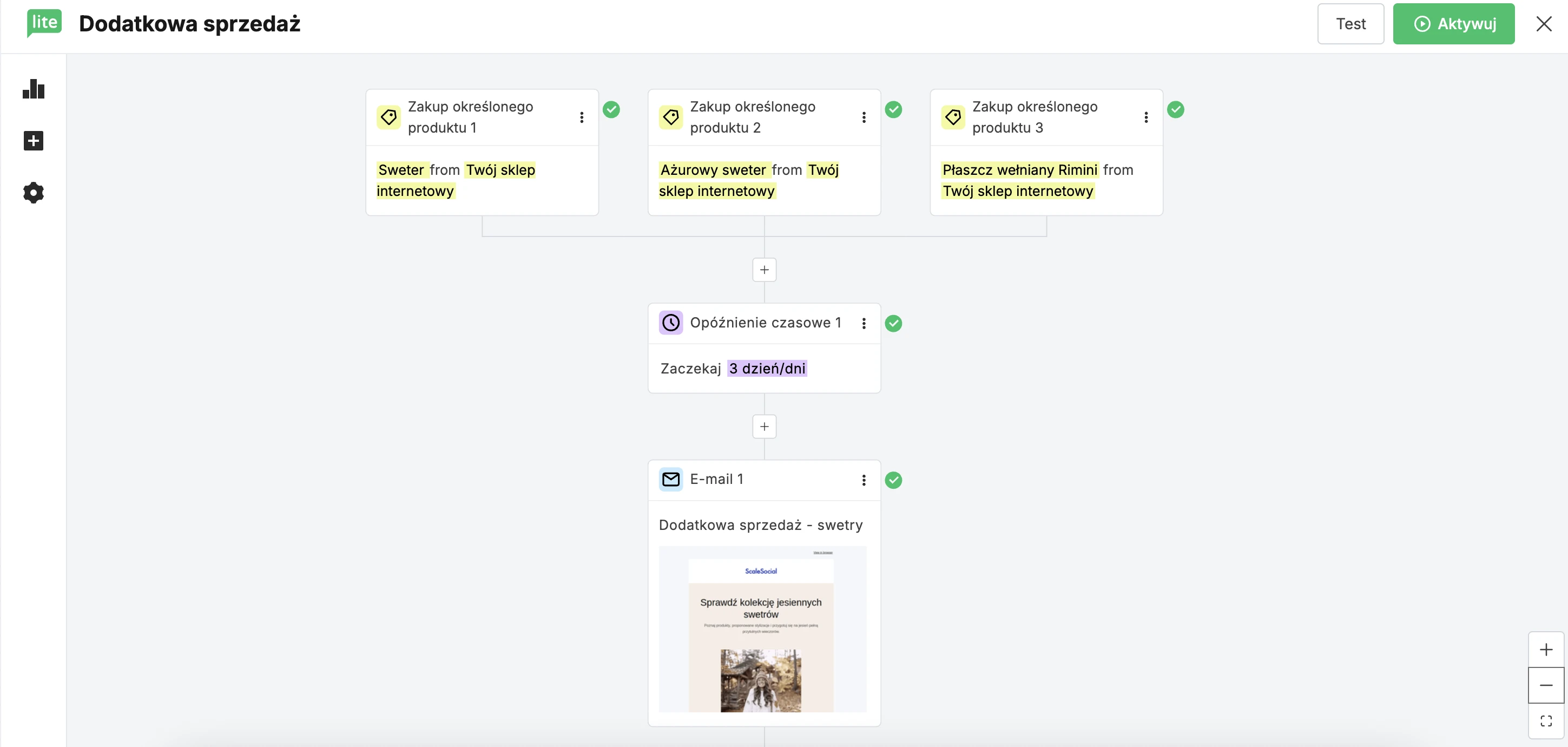 Screenshot pokazujący wiele wyzwalaczy e-commerce w MailerLite