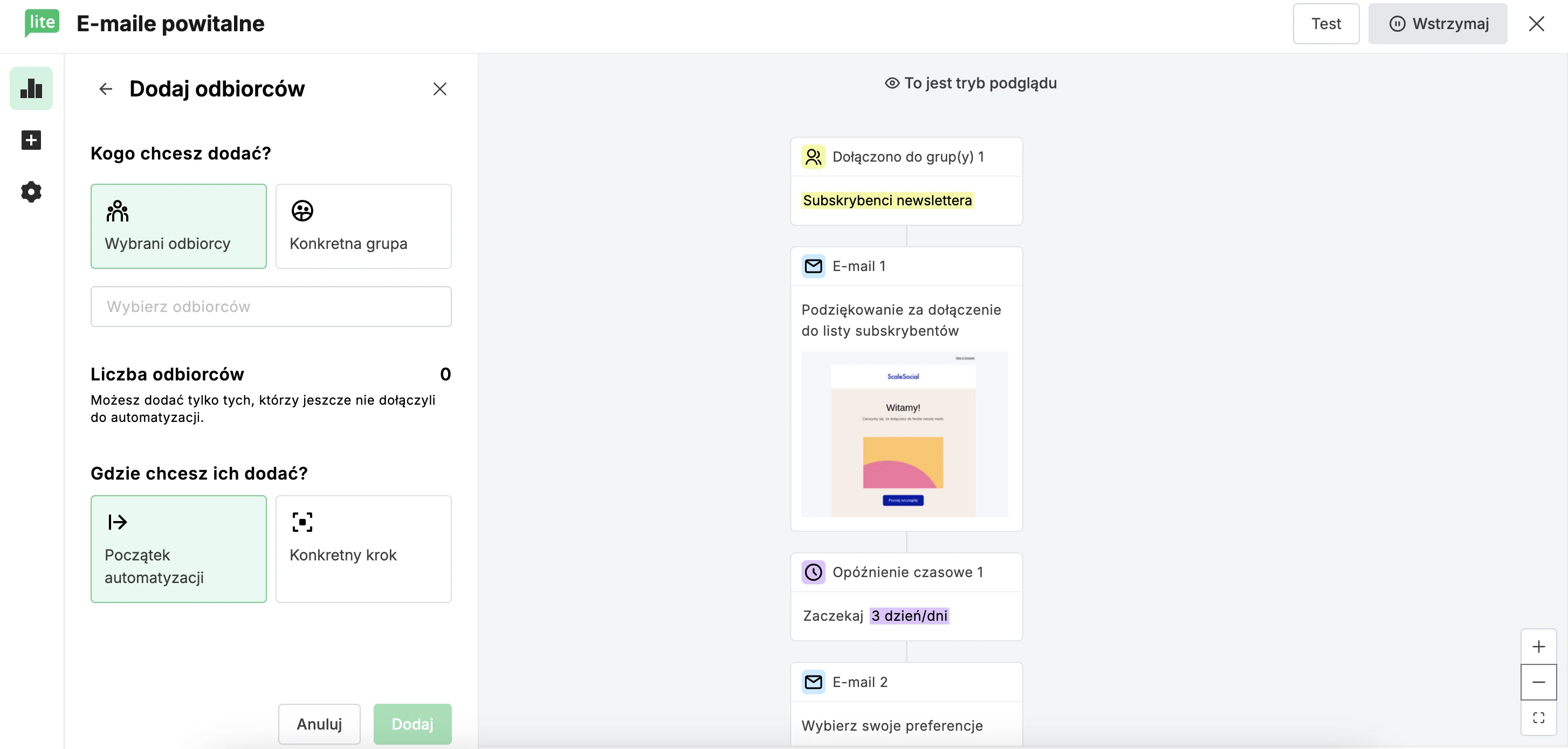 Screenshot pokazujący opcję dodawania subskrybentów w MailerLite.