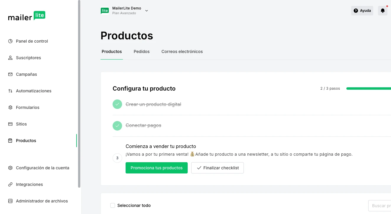 Opción de vender productos digitales en la plataforma MailerLite