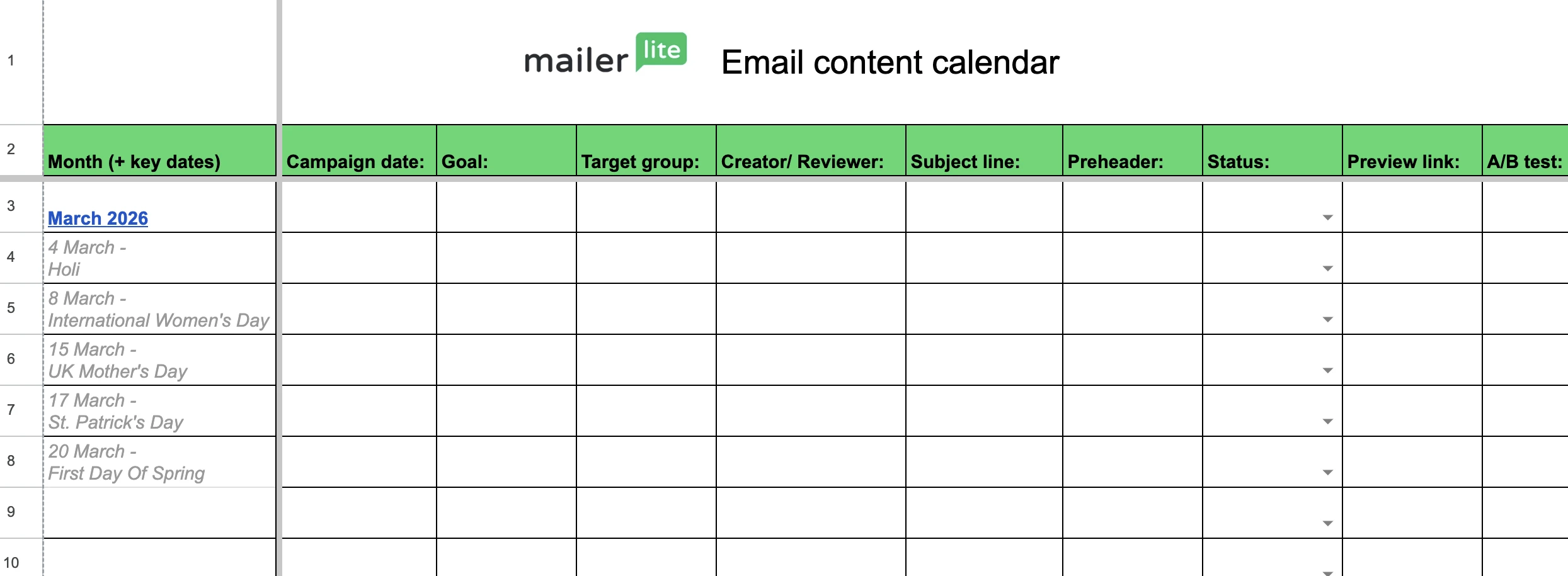 MailerLite content calendar screenshot for February 2025