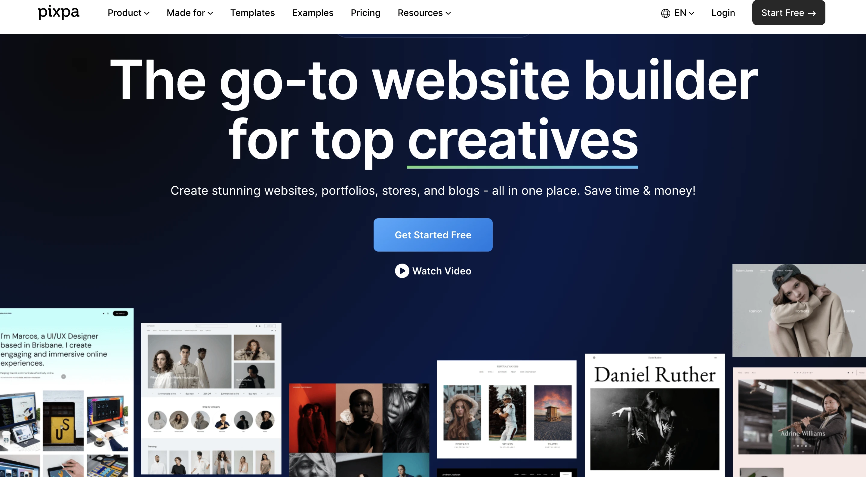 Pixpa's homepage screenshot