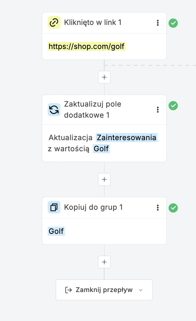 Screenshot przedstawiający automatyczny proces dodawania subskrybenta do grupy i aktualizowania pola po kliknięciu linku.