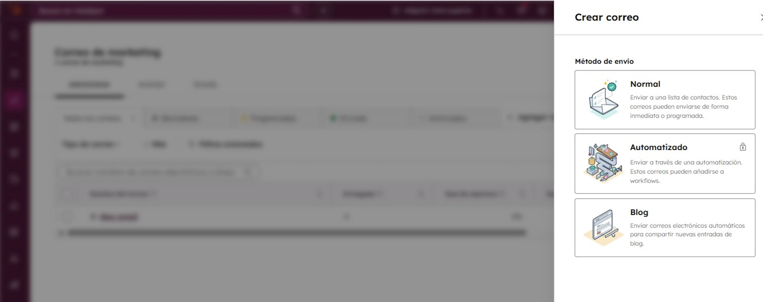 Selección del tipo de correo a crear en HubSpot