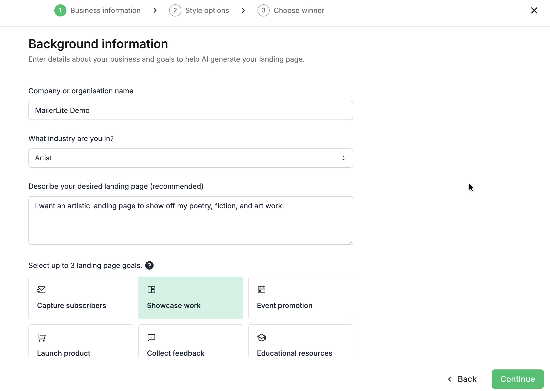 Landing page generator asking for business information