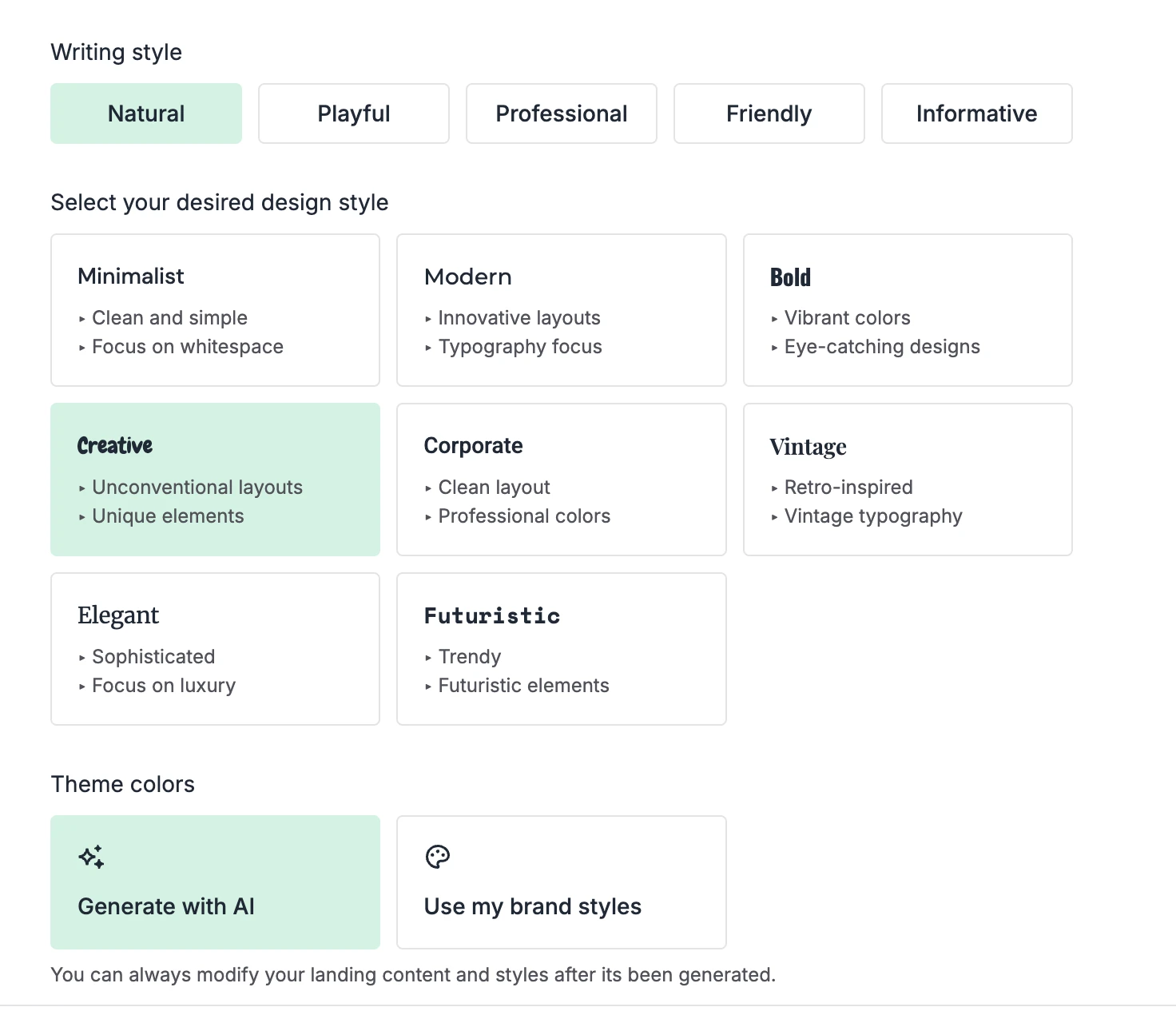 Landing page generator asking for style options