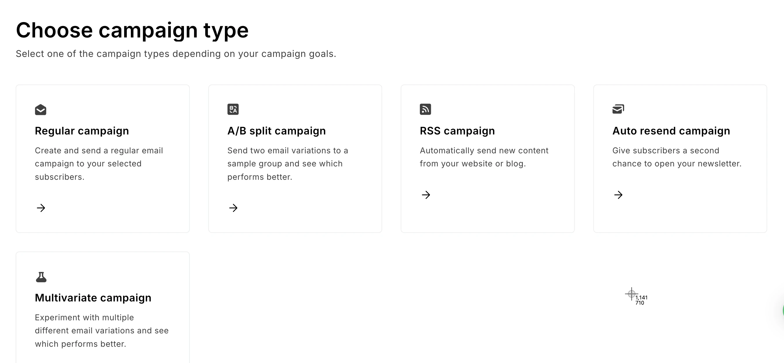 MailerLite dashboard showing campaign type options to choose from