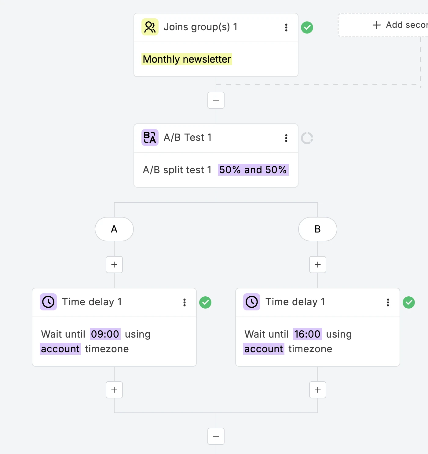 AB split testing step in a MailerLite automation testing different send times