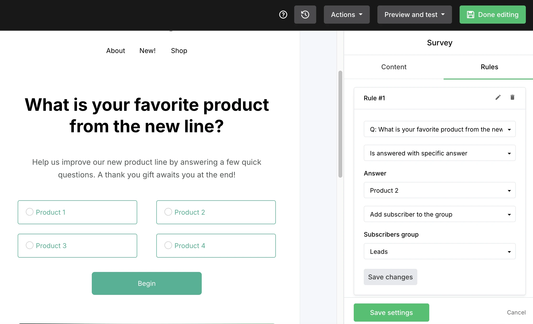 Example of a survey with rules that copy subscribers to new groups