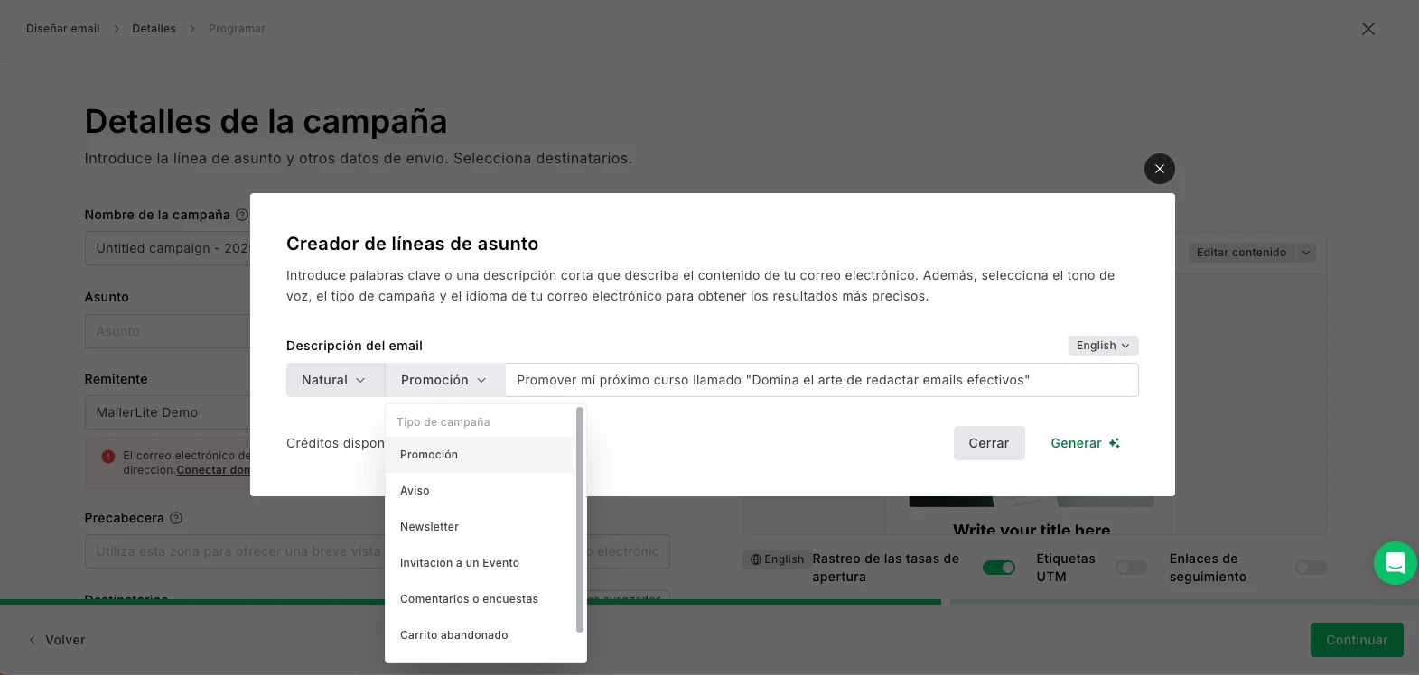 Vista del generador de líneas de asunto con IA de MailerLite