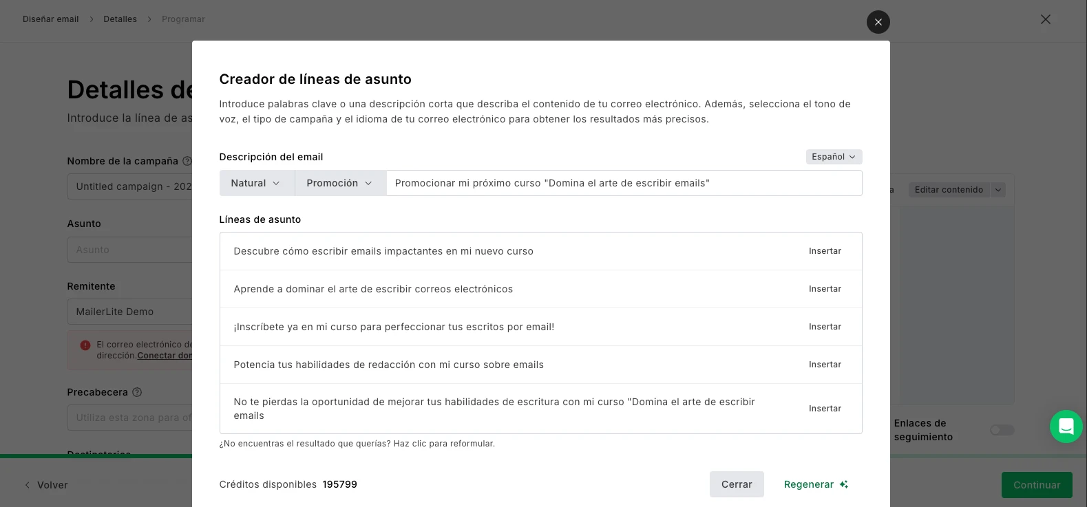 Resultados del generador de líneas de asunto de MailerLite