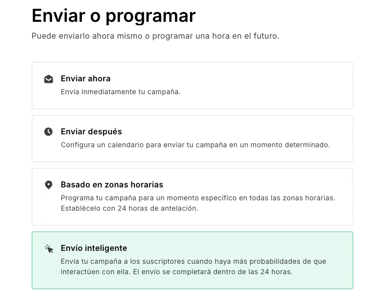 Opciones para programar campañas de MailerLite